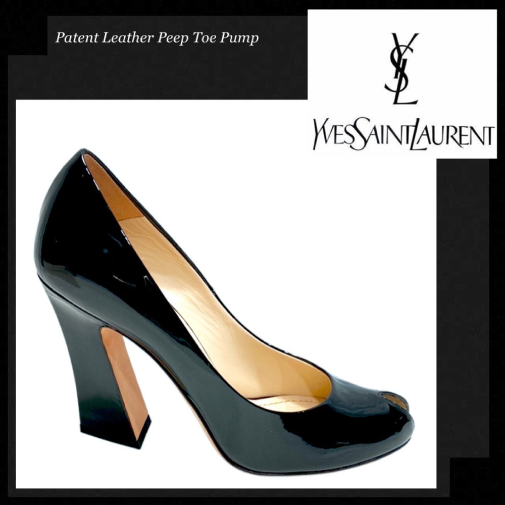 YVES SAINT LAURENT Black Patent Block Heel Peep Toe Pump